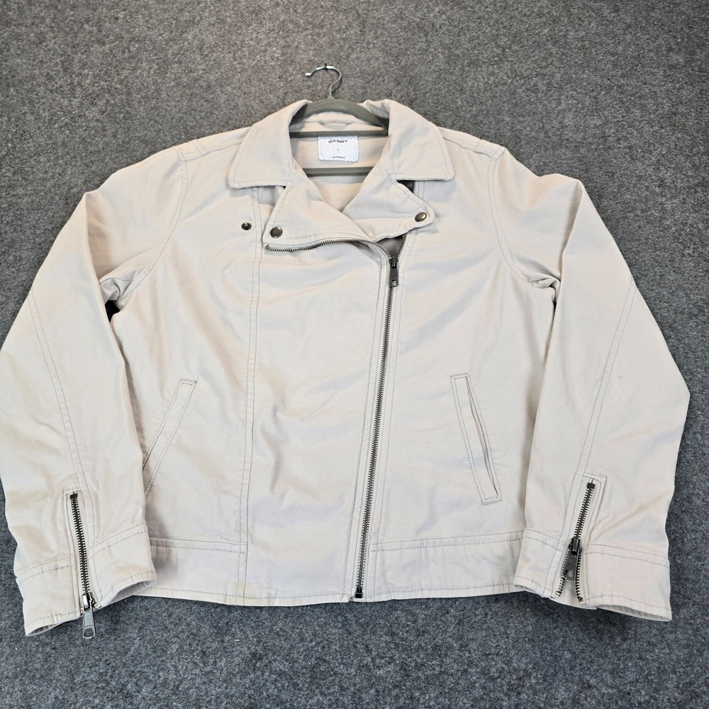 Old Navy Moto Jacket Womens Large White Stretch Canvas Outdoor Asymmetric Zip